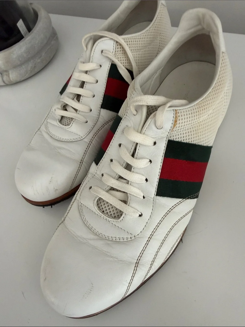 Men’s Gucci White Leather Sneakers with Red and Green Web Stripe Accent